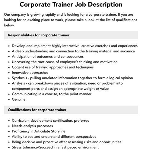 job description for corporate trainer.